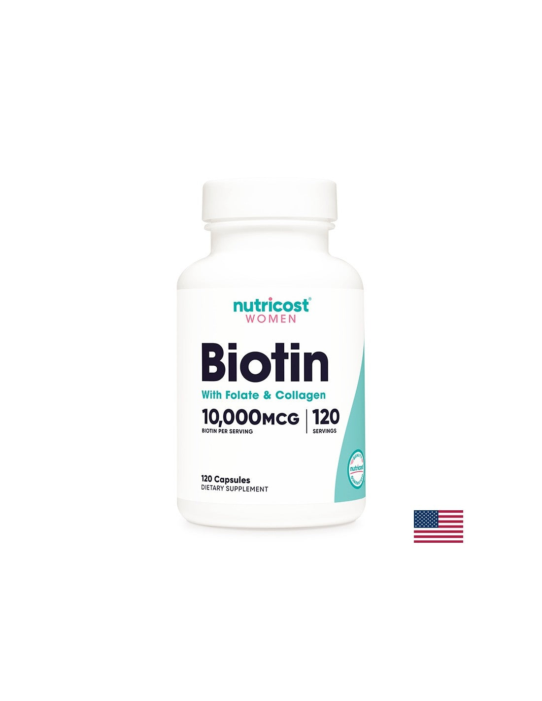 Cheveux, peau, ongles - Biotine avec folate et collagène, 120 <tc>Nutricost</tc> capsules