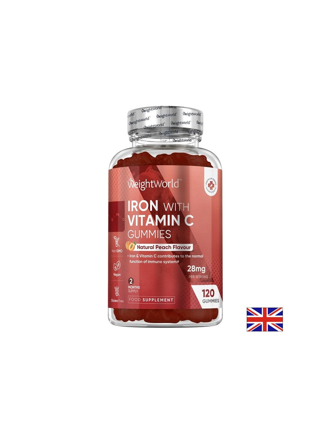 Anémie - fer + gummies en vitamine C, 120 comprimés de gelée, saveur de pêche