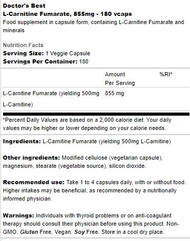 Meilleur fumarate de l-carnitine 855 mg - 180 capsules
