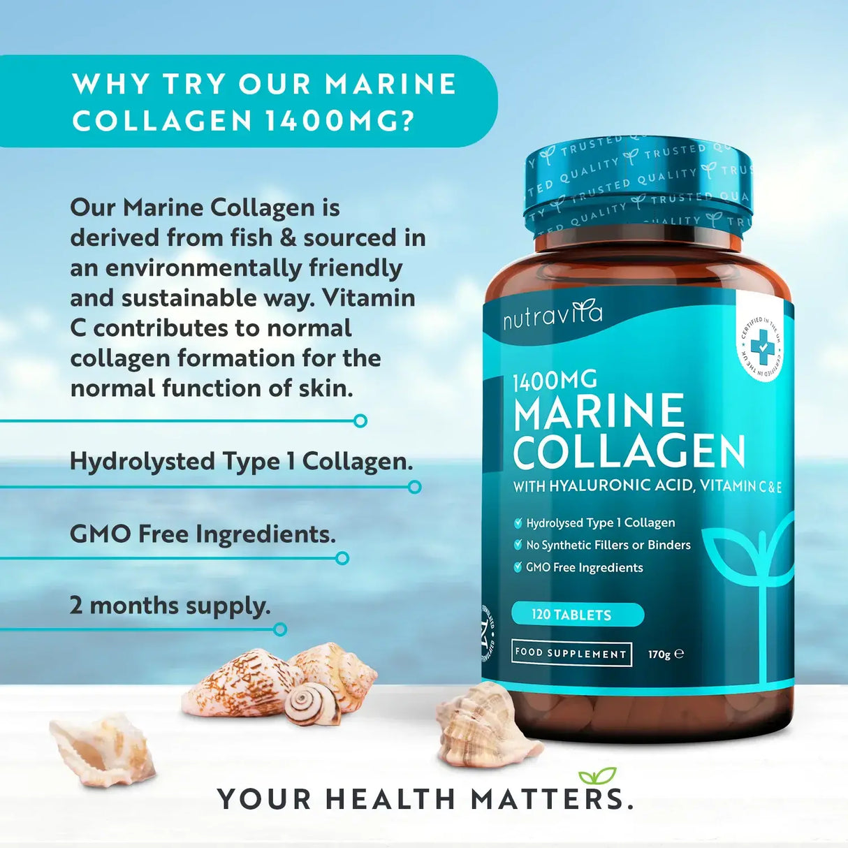 Collagène de poisson 1400 mg avec de l'acide hyaluronique 100 mg 120 comprimés