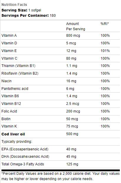 Huile de foie de morue 500 mg | Avec multitamines - 180 capsules de gel