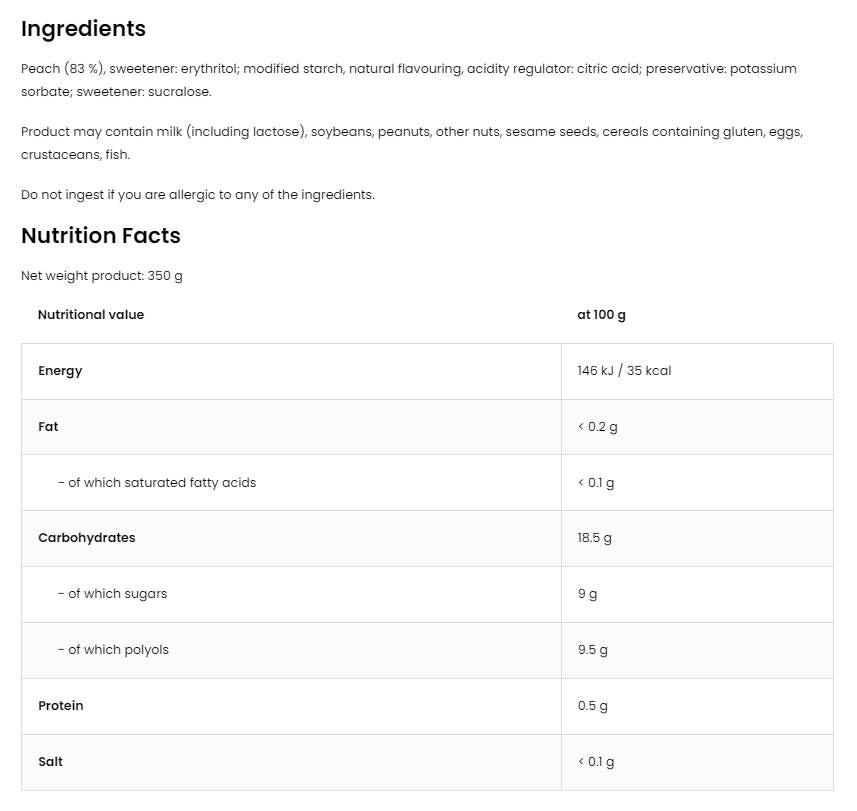 Pêche 83% de gelée Pas de sucre ajouté 350 ml