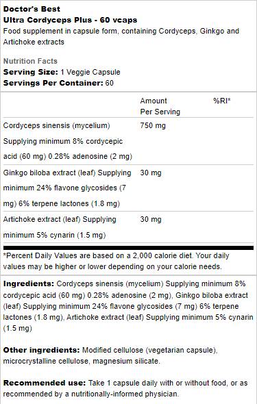 Ultra Cordyceps Plus | Avec Artichauts et Ginkgo Biloba - 60 capsules