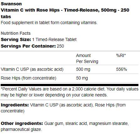 Vitamine C à libération chronométrique 500 mg | Avec Rose Hips 250 comprimés