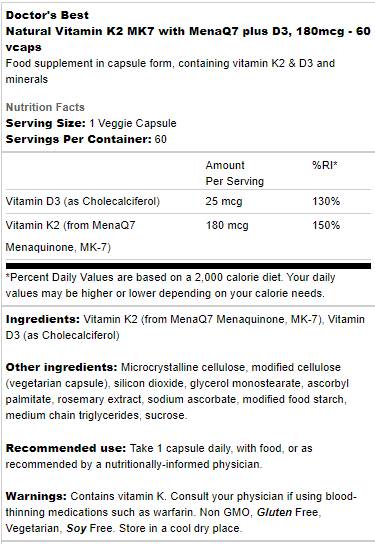 Meilleure vitamine naturelle K2 MK-7 180 MCG | Plus D-3 - 60 capsules