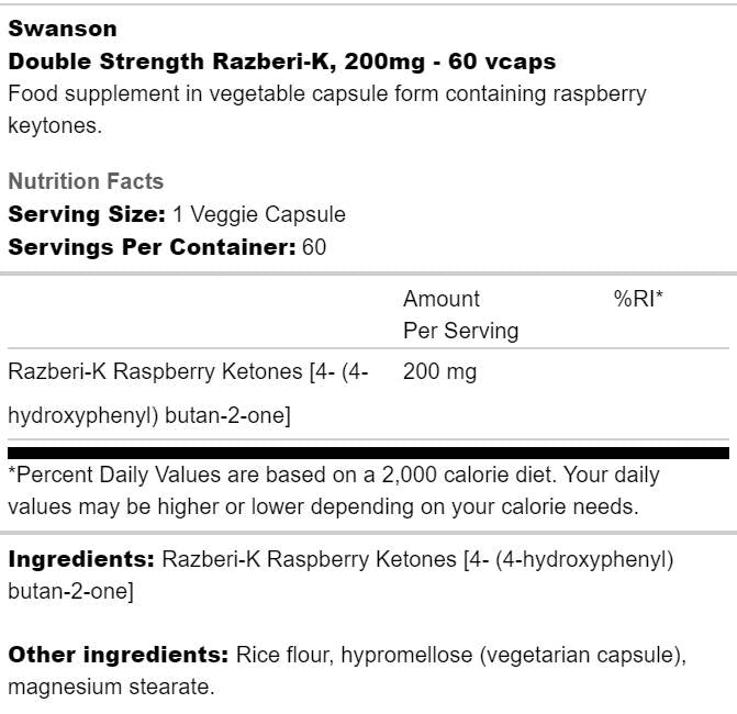 Razberi - K 200 mg | Cétones de framboise à double résistance - 60 capsules