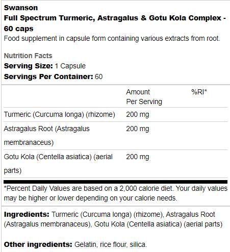 Curcuma à spectre complet, Astragalus et Gutu Kola Complex 60 Capsules