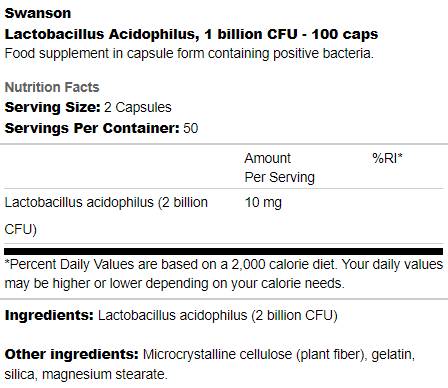 Lactobacillus acidophilus 1 milliard de capsules CFU 100