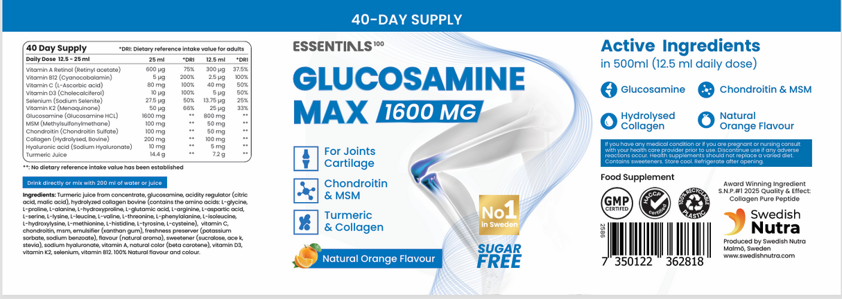 Glucosamine max avec collagène de type 2, MSM, chondroïtine (40/20 doses, 500 ml)