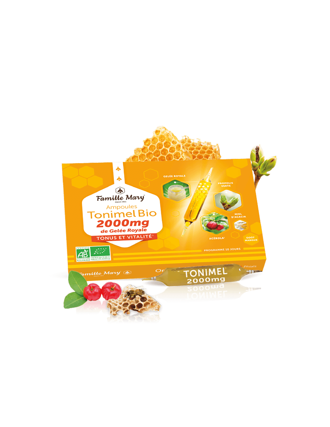 Ampoules pour le ton, l'énergie et l'immunité (avec Royal Jelly 2000 mg), bio, 10 ampoules pour boire, saveur d'orange