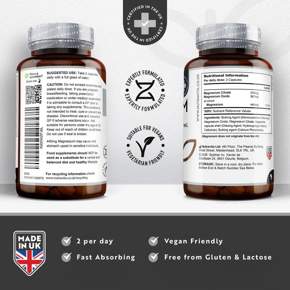 Magnésium 220 mg (deux composants) - 180 capsules