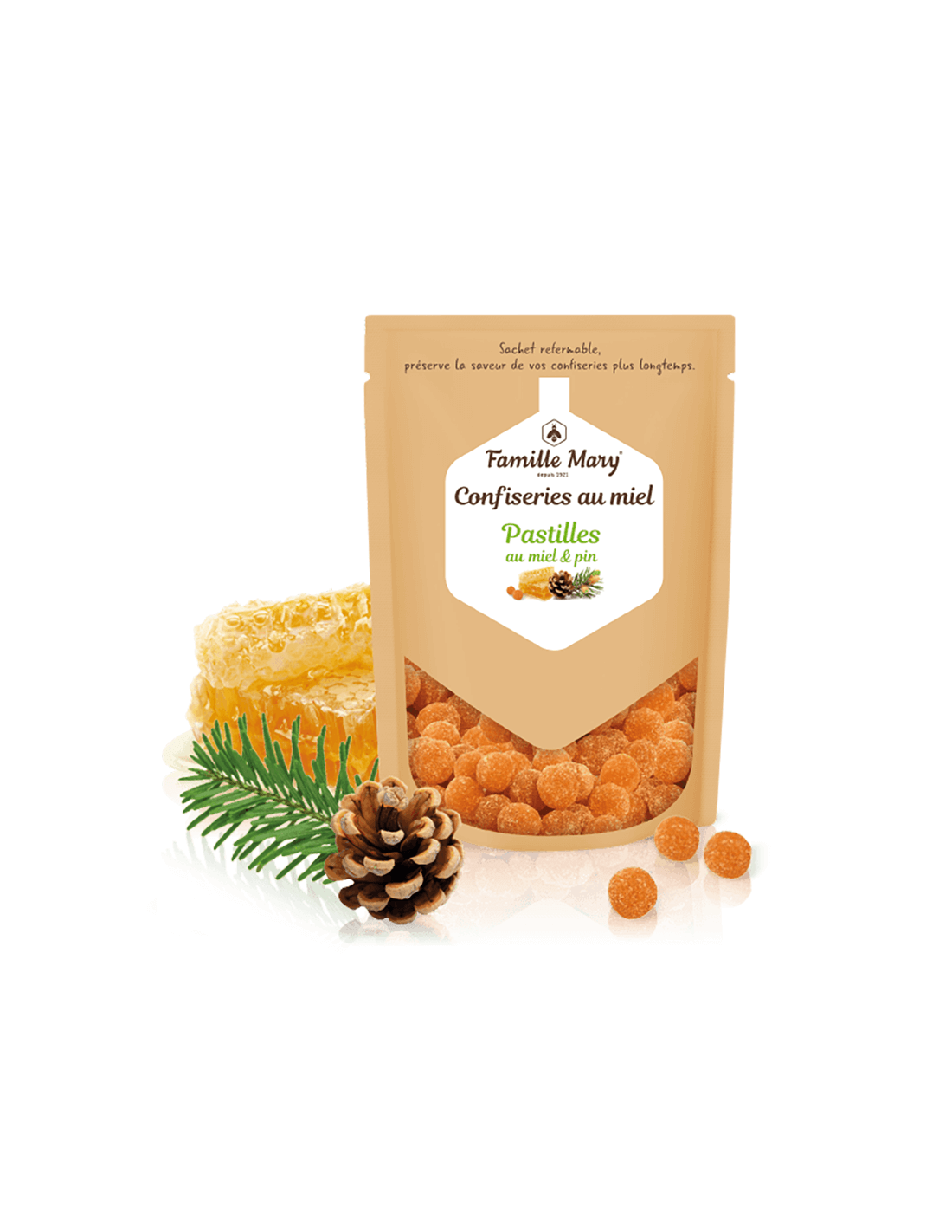 Candus à base de plantes avec du miel et de l'huile essentielle de pin pour une gorge saine, 250 g