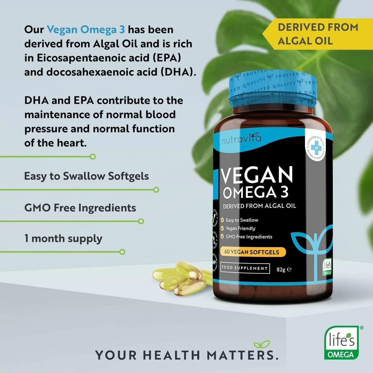 Oméga végétalien 3 - 2000 mg/60 capsules de gel végétaliennes /