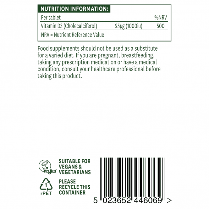 Vitamine D3 (vitamine D3) 1000IU 60 comprimés végétaliens naturesdaits