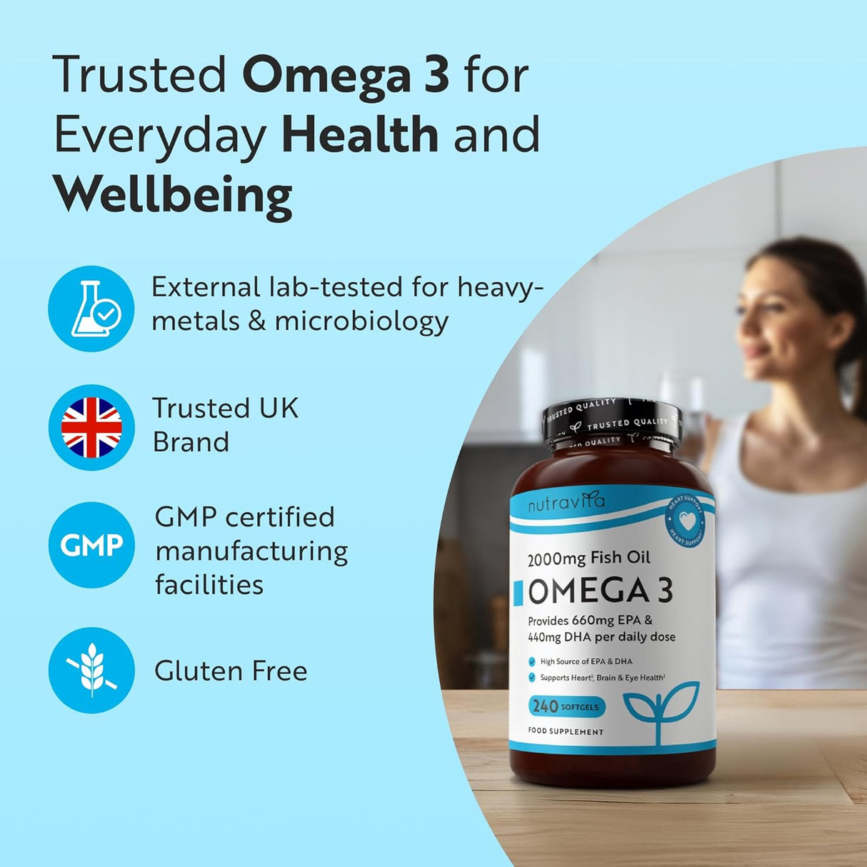 Oméga 3 2000 mg/EPA 660 mg, DHA 440 mg/Huile de poisson pure/240 capsules, 120 doses/ <tc>Nutravita</tc>
