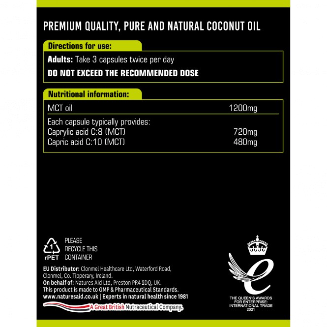 Medium Chain Triglycerides from Coconut Oil (100% MCT Oil) 1200mg 120 Capsules NaturesAid - Nutra Best Europe