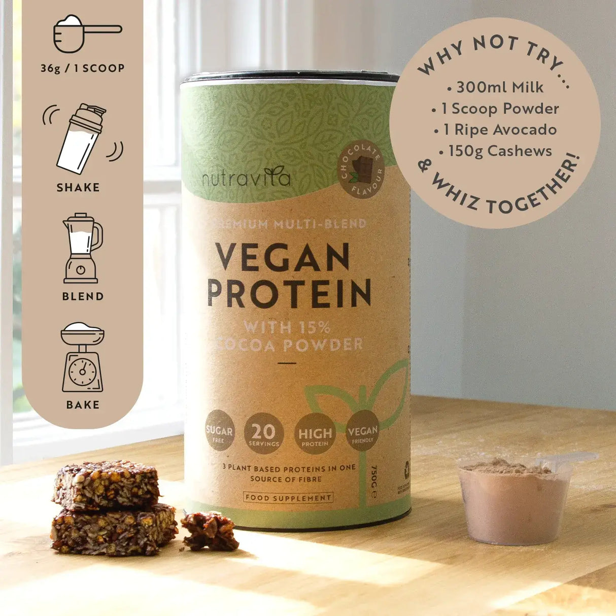 Protéines végétaliennes + enzymes - 750 g (chocolat) <tc>Nutravita</tc>