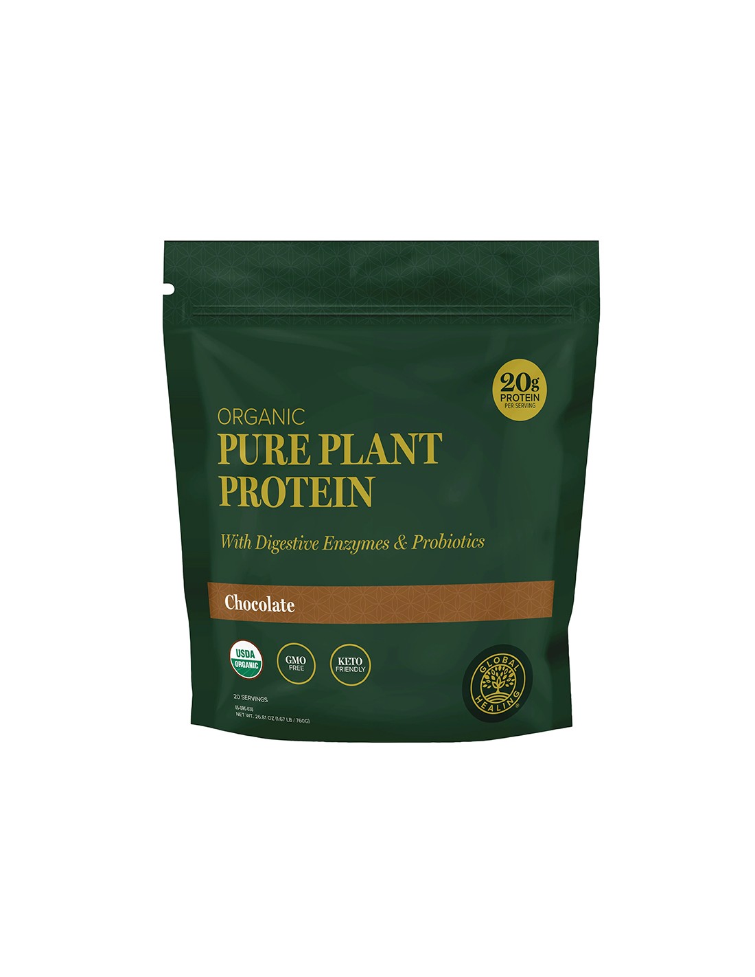 Protéine végétale (des pois chiches, pois, citrouille, sashimi, pastèque) avec des enzymes digestives et des probiotiques, 760 g, poudre, saveur de chocolat