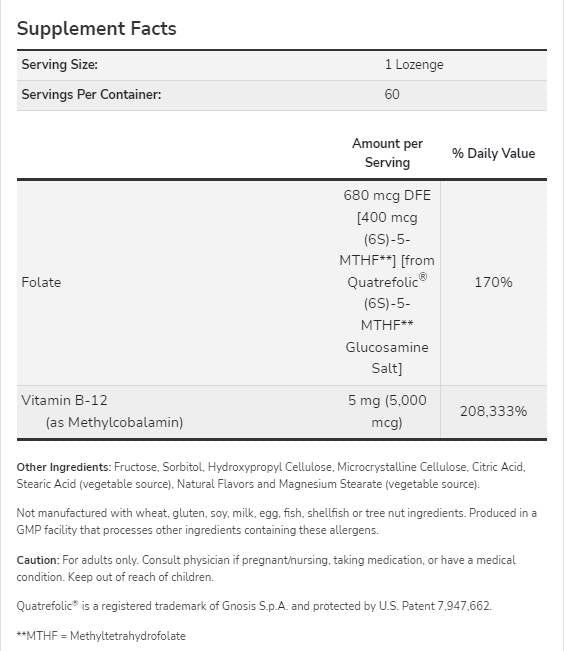 Méthyl B-12 5000 MCG | avec l'acide folique Quatrefolic® - 60 comprimés sublinguaux