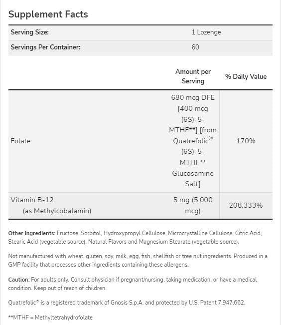 Méthyl B-12 5000 MCG | avec l'acide folique Quatrefolic® - 60 comprimés sublinguaux