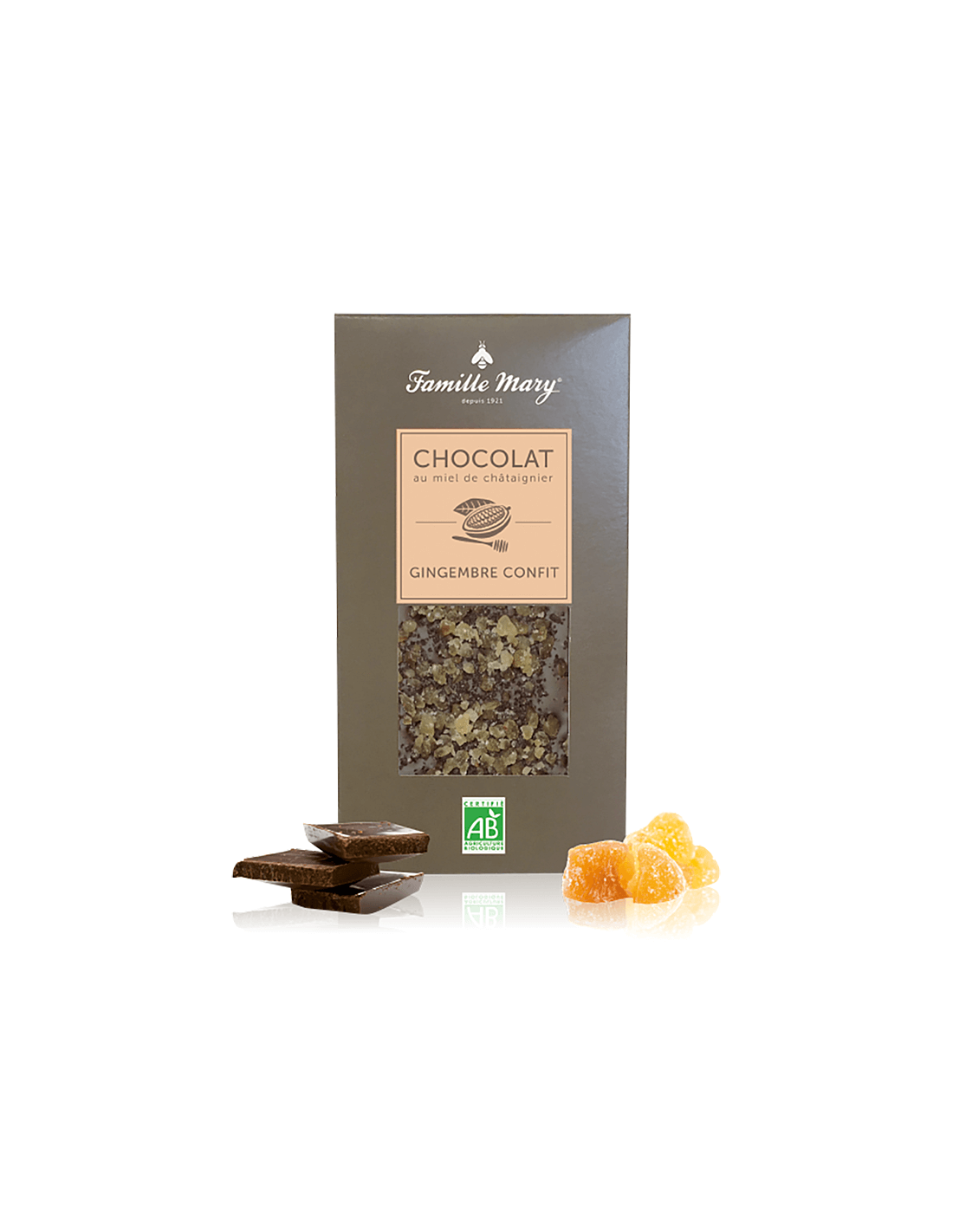 Chocolat avec du miel en fleur de châtaignier et du gingembre confit, 80 g