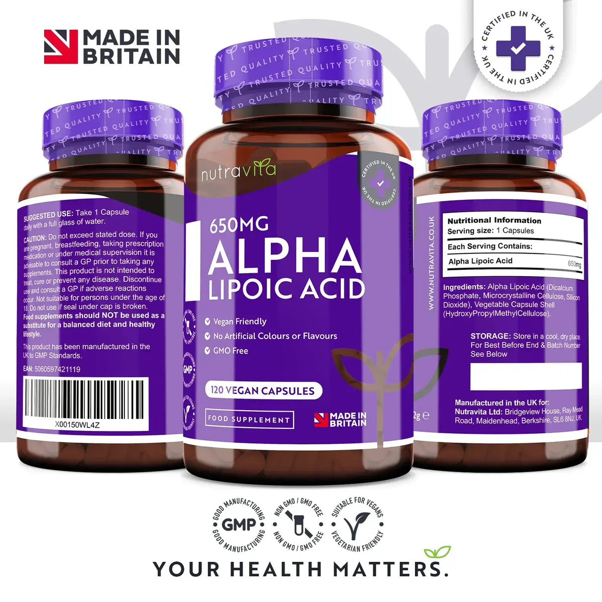 Acide alpha-lipoïque 650 mg/120 gélules, 120 doses/ <tc>Nutravita</tc>