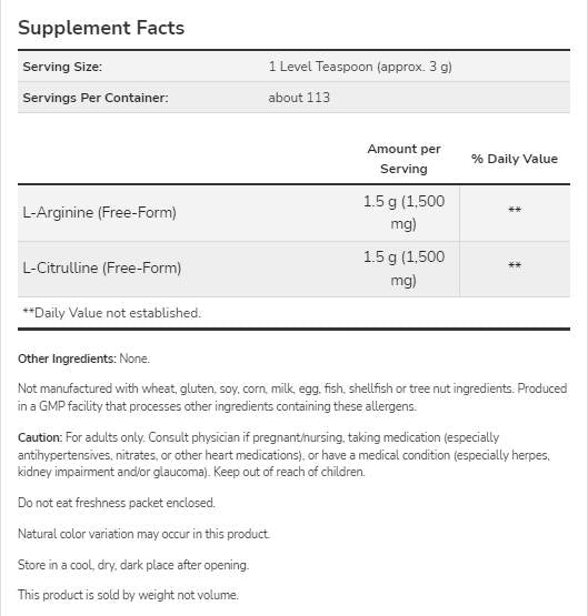 Arginine et poudre de citrulline | Ratio 1: 1 - 340 grammes