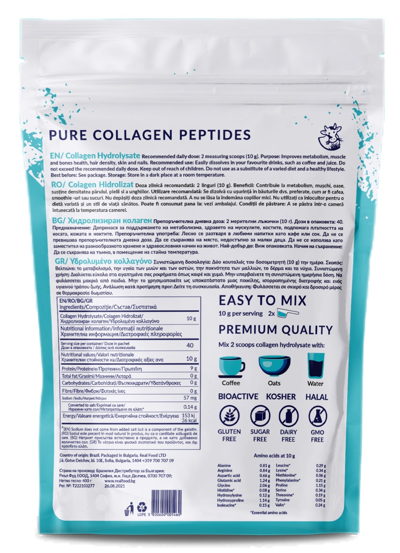 Collagène bovin hydrolysé de type 1 et 3 (10 000 mg) - 40 doses, 400 g