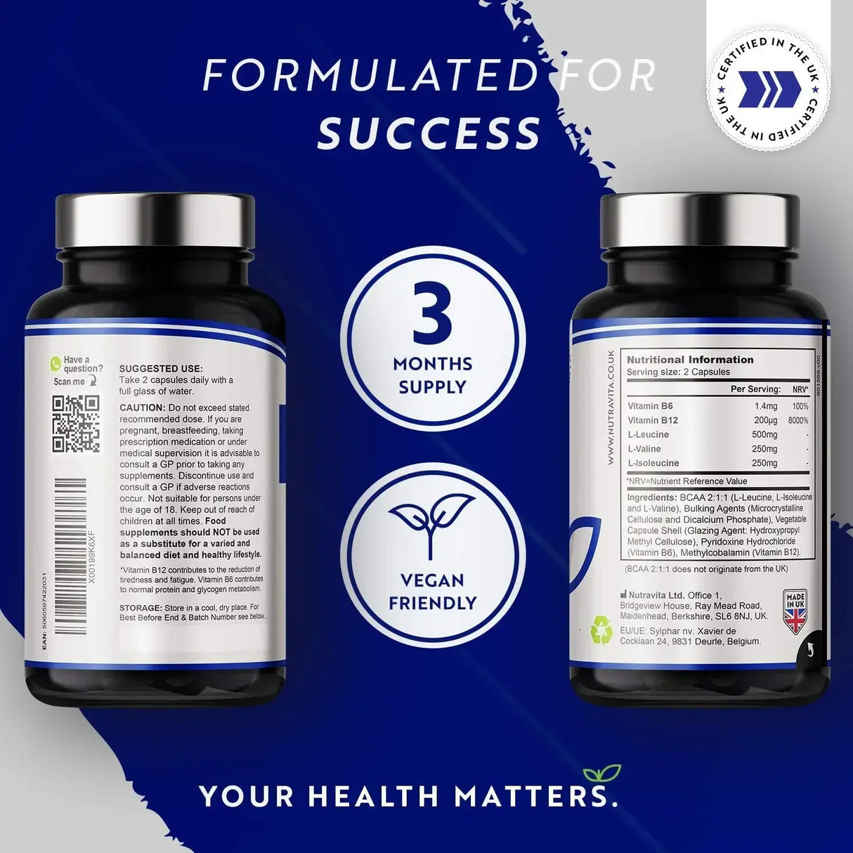 BCAA (2:1:1) avec vitamines B6 et B12 - 180 capsules végétales. <tc>Nutravita</tc>
