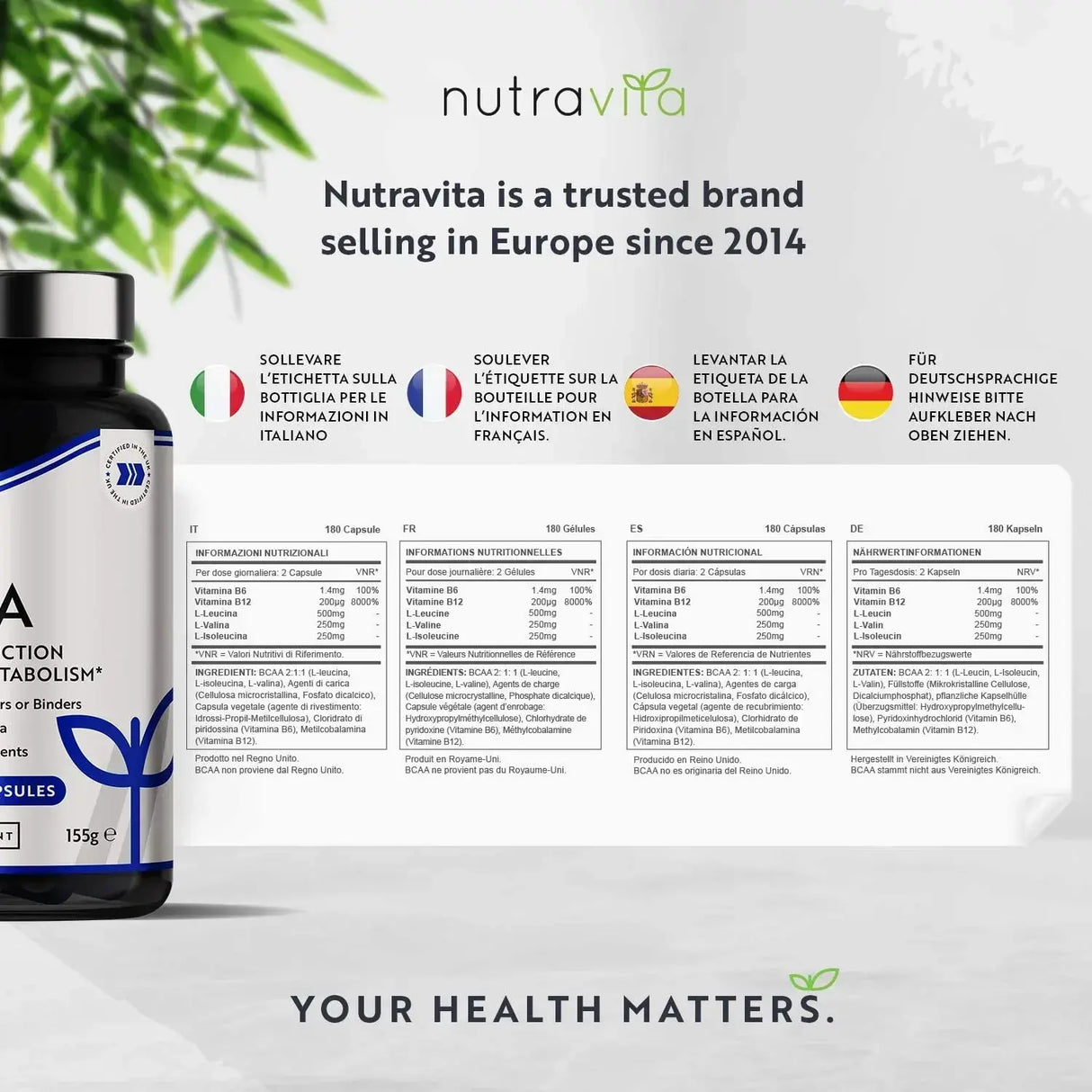 BCAA (2:1:1) avec vitamines B6 et B12 - 180 capsules végétales. <tc>Nutravita</tc>