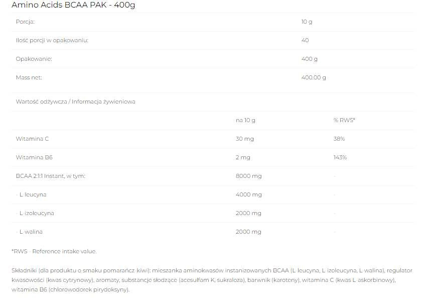 BCAA PAK 2: 1: 1 instant - 400 grammes