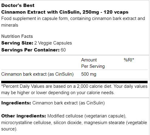 Meilleur extrait de cannelle avec Cinsulin 250 mg - 120 capsules
