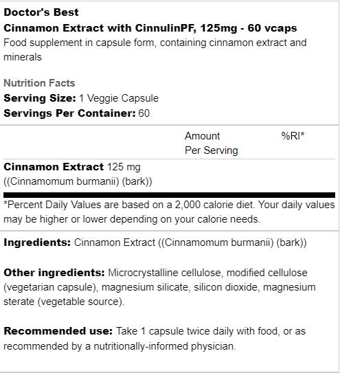 Meilleur extrait de cannelle avec Cinnulinpf 125 mg - 60 capsules