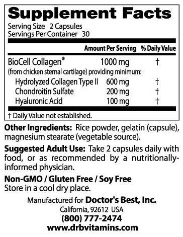 Meilleur acide hyaluronique + sulfate de chondroïtine/avec collagène biocell - 180 capsules