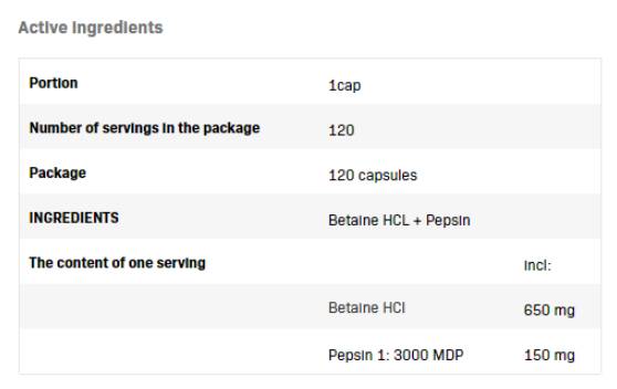Betaine HCL 650 mg + pepsine - 120 capsules