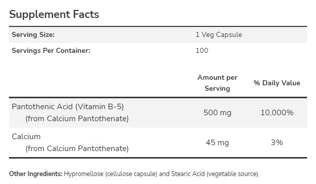 Vitamine B-5/acide pantothénique 500 mg - 100 capsules