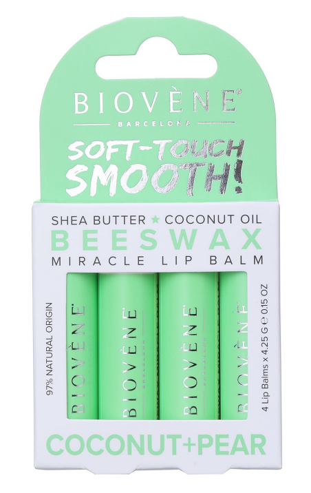 Baume à lèvres en cire d'abeille - Coco et poire - Soins intensifs - 4 pièces