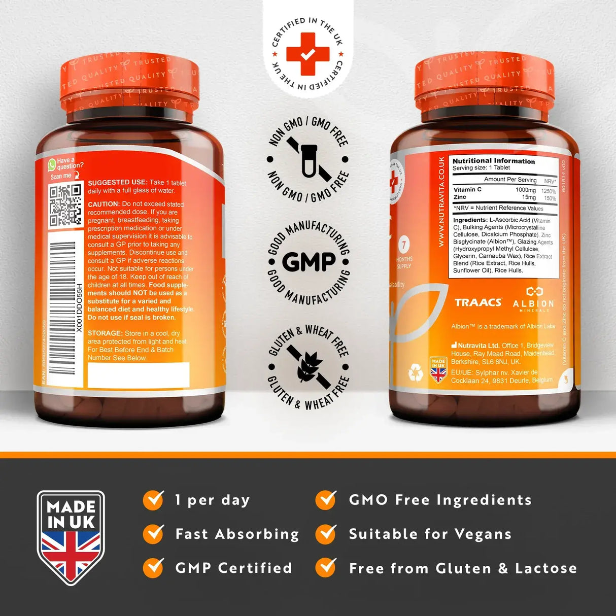Vitamine C 1000 mg avec zinc (Albion® Zinc) 15 mg 210 comprimés <tc>Nutravita</tc>