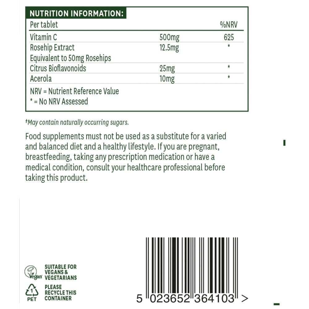 Vitamine C avec des hanches de rose, des bioflavonoïdes et de l'acerrola (Vitamine C à croquer) 500 mg 100 comprimés à croquer natures
