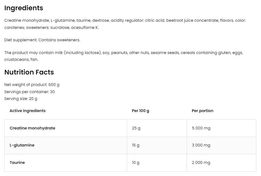 CGT Powder/Creatine + Glutamine + Taurine 600 grammes