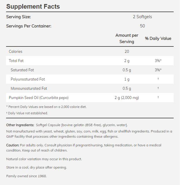 Huile de graines de citrouille 1000 mg - 200 capsules de gel