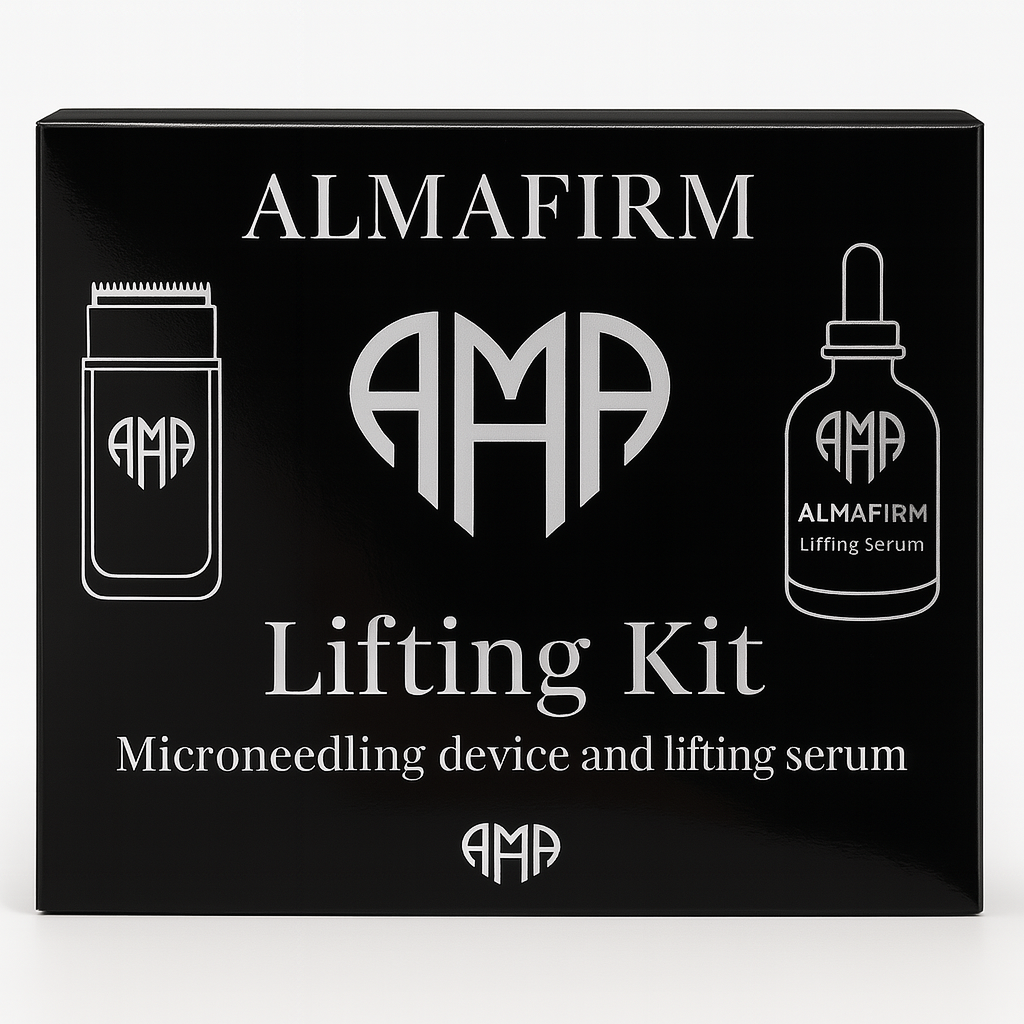 Almafirm Lifting Kit packaging with microneedling device and lifting serum illustration on a black background.