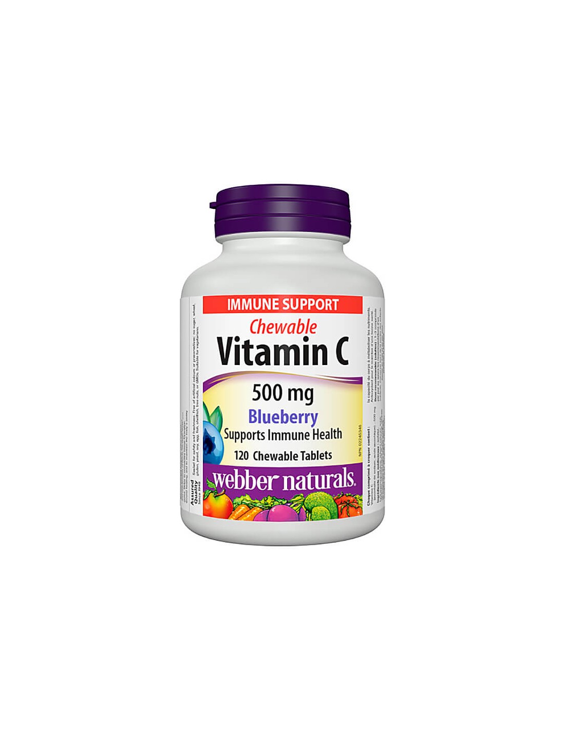 Vitamine C à croquer 500 mg - Vitamine C 500 mg - 120 comprimés à croquer saveur myrtille <tc>Webber Naturals</tc>