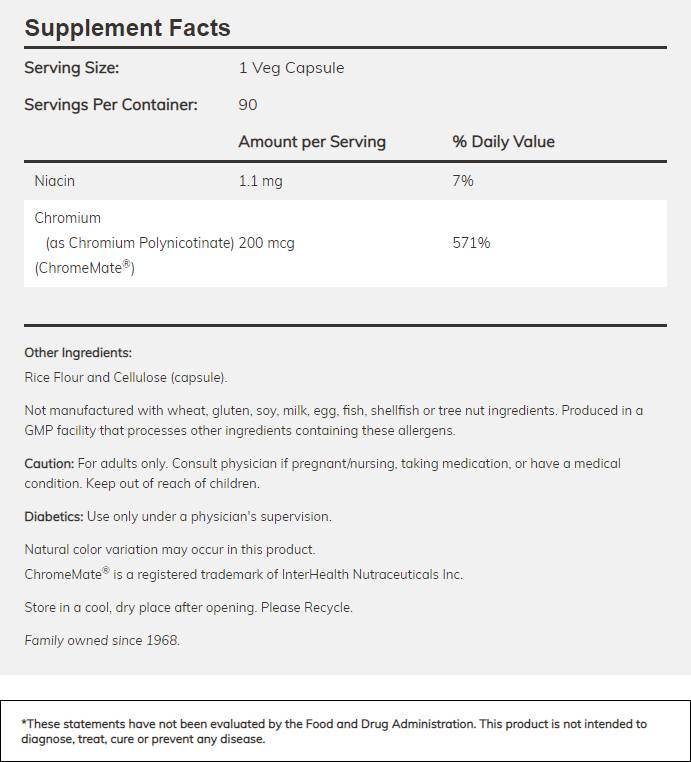 Chromemate/chrome polynicotinate 200 mcg - 90 capsules