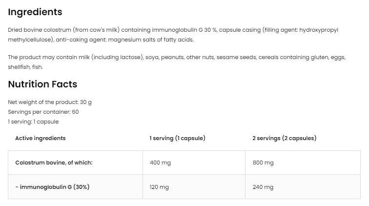 Colostrum bovin 400 mg | 30% d'immunoglobuline G 60 capsules