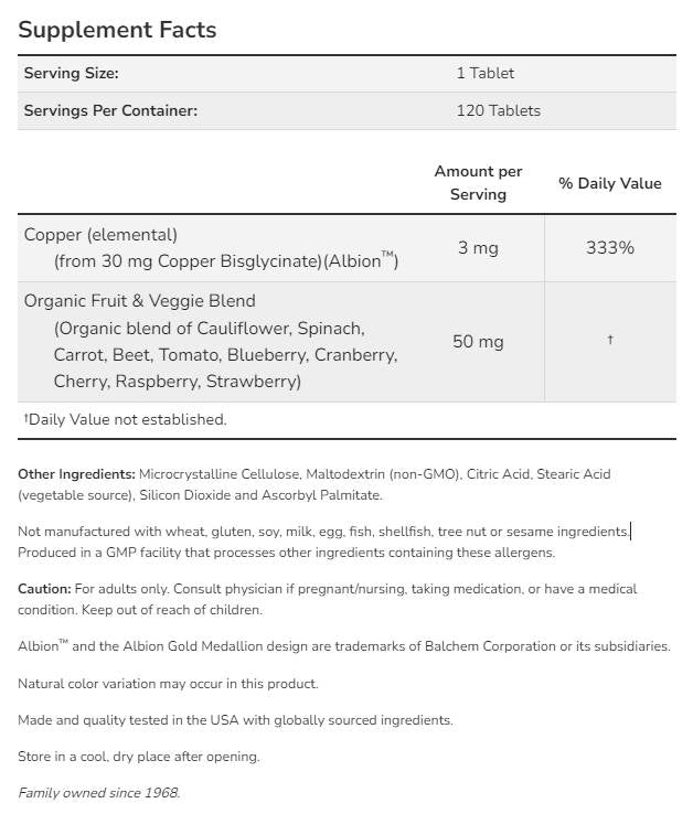 Glycinate de cuivre 3 mg | Albion ™ Copper Bisglycine - 120 comprimés