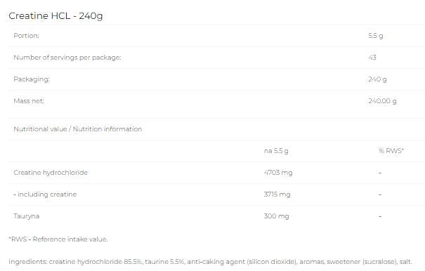 Créatine HCl Powder - 240 grammes