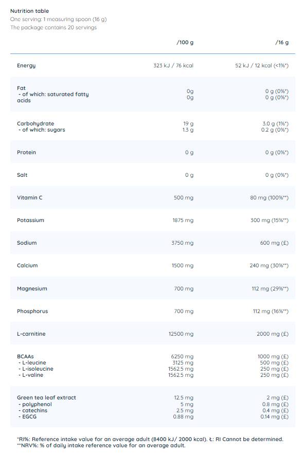 Poudre d'électrolyte | avec BCAA, L-carnitine et thé vert - 320 grammes