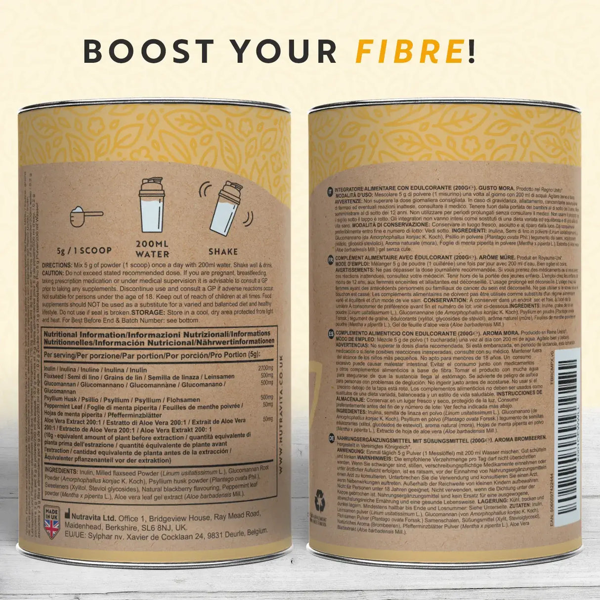 Complexe de fibres en poudre - Saveur mûre/200 g, 40 doses/ <tc>Nutravita</tc>