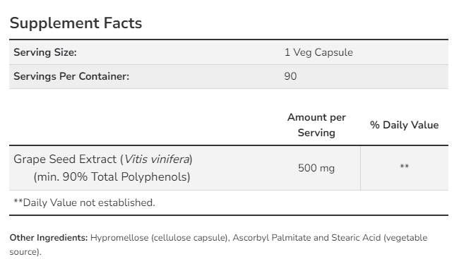 Extrait de graines de raisin 500 mg Maximum Strength - 90 capsules
